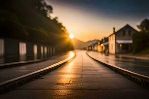 un' treno traccia è mostrato a tramonto. ai-generato foto