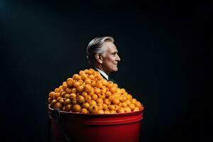 un' uomo nel un' completo da uomo e cravatta in piedi nel un' secchio pieno di arance. ai-generato foto