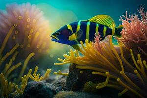 un' colorato pesce è nuoto nel il oceano. ai-generato foto