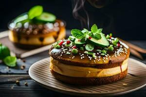 un' torta con ghiaccio crema e cetrioli su superiore. ai-generato foto