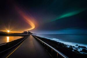 un' lungo ponte con il aurora luci nel il cielo. ai-generato foto