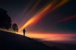 un' uomo sta su un' collina prospiciente il oceano a tramonto. ai-generato foto