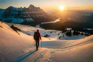 un' persona escursioni a piedi su un' montagna a tramonto. ai-generato foto