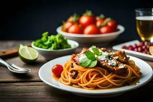 spaghetti con carne e pomodori su un' piatto. ai-generato foto