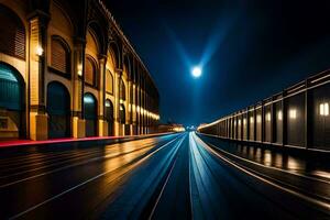 un' lungo esposizione foto di un' treno andando attraverso un' città a notte. ai-generato