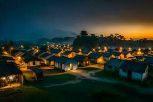 un' villaggio a crepuscolo con luci su il tetti. ai-generato foto
