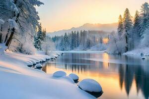 un' nevoso fiume nel il montagne con neve coperto alberi. ai-generato foto