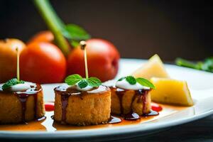 tre piccolo torte con salsa e verdure. ai-generato foto