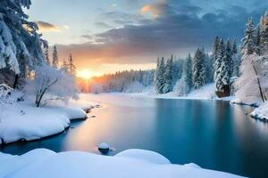 un' bellissimo inverno scena con neve coperto alberi e un' fiume. ai-generato foto