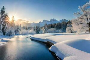 un' fiume nel il neve. ai-generato foto