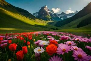 il fiori nel il prato siamo bellissimo e il montagne siamo Bellissima. ai-generato foto