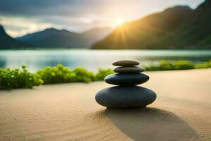 zen pietre impilati su il spiaggia a tramonto. ai-generato foto