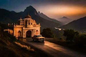 un' auto unità passato un' tempio a tramonto nel India. ai-generato foto