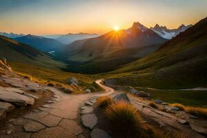 il sole sorge al di sopra di il montagne nel il sfondo. ai-generato foto