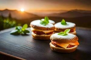 piccolo panini con formaggio e erbe aromatiche su un' di legno tavolo. ai-generato foto