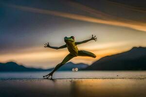 un' rana salto nel il aria a tramonto. ai-generato foto