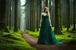 bellissimo donna nel verde vestito in piedi su un' sentiero nel il foresta. ai-generato foto