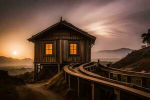 un' di legno Casa si siede su superiore di un' collina a tramonto. ai-generato foto