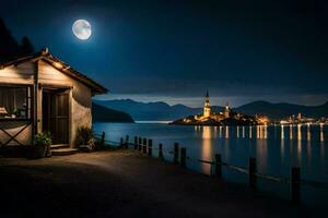 un' piccolo cabina su il riva di lago sanguinato. ai-generato foto