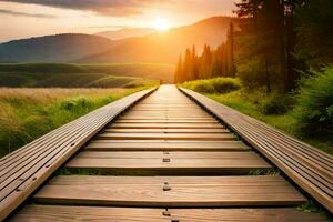 un' di legno passerella conduce per il tramonto. ai-generato foto