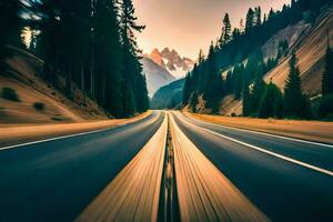 un' strada con alberi e montagne nel il sfondo. ai-generato foto