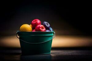 un' secchio pieno con frutta su un' buio sfondo. ai-generato foto