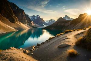 il sole sorge al di sopra di il montagne e lago nel Questo bellissimo paesaggio. ai-generato foto