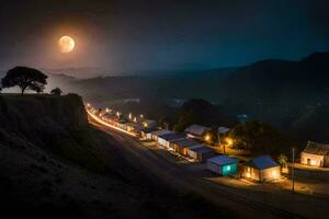 il Luna è ambientazione al di sopra di un' cittadina con case su il collina. ai-generato foto