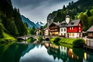 un' bellissimo montagna villaggio con un' fiume e ponte. ai-generato foto