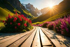 il sole brilla su un' di legno sentiero nel il montagne. ai-generato foto