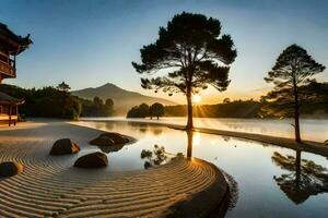 il sole sorge al di sopra di un' giapponese giardino a tramonto. ai-generato foto