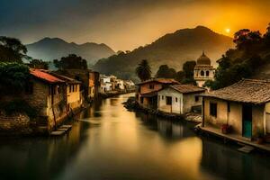 foto sfondo il cielo, acqua, fiume, case, villaggio, tramonto, il montagne, fiume. ai-generato