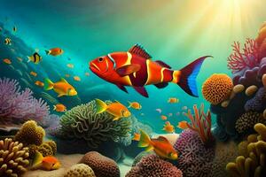 pesce nuoto nel il oceano con corallo barriere e pesce. ai-generato foto