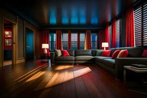un' vivente camera con rosso le tende e legna piani. ai-generato foto