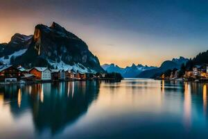 un' lago e montagna gamma a tramonto. ai-generato foto