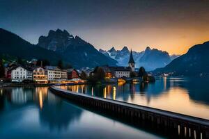 il sole imposta al di sopra di un' lago e montagne nel il sfondo. ai-generato foto