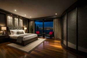 un' Camera da letto con un' Visualizza di il città a notte. ai-generato foto