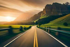 un' strada nel il montagne con montagne nel il sfondo. ai-generato foto