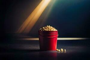 un' rosso secchio pieno con Popcorn su un' buio superficie. ai-generato foto