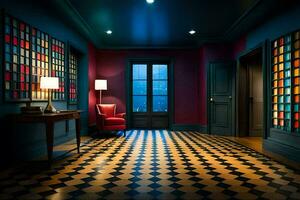 un' camera con un' scacchi pavimento e un' rosso sedia. ai-generato foto