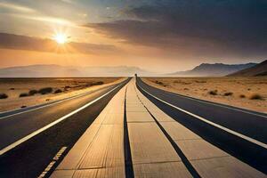 un' lungo vuoto strada nel il deserto con il sole ambientazione. ai-generato foto