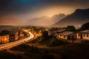 un' lungo esposizione fotografia di un' strada nel il montagne. ai-generato foto