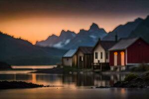 un' piccolo cittadina con case su il riva di un' lago. ai-generato foto