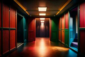 un' corridoio con colorato porte e legna piani. ai-generato foto