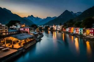 foto sfondo il cielo, montagne, fiume, case, montagne, il città, il fiume,. ai-generato