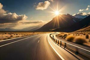 il sole brilla al di sopra di un' strada nel il mezzo di un' deserto. ai-generato foto