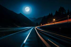 un' treno traccia a notte con un' pieno Luna. ai-generato foto