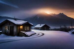 un' cabina nel il neve con un' montagna nel il sfondo. ai-generato foto