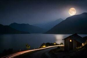 un' pieno Luna brilla al di sopra di un' lago e un' cabina. ai-generato foto