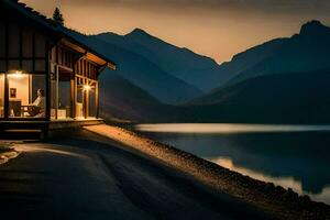 un' cabina si siede su il riva di un' lago a notte. ai-generato foto